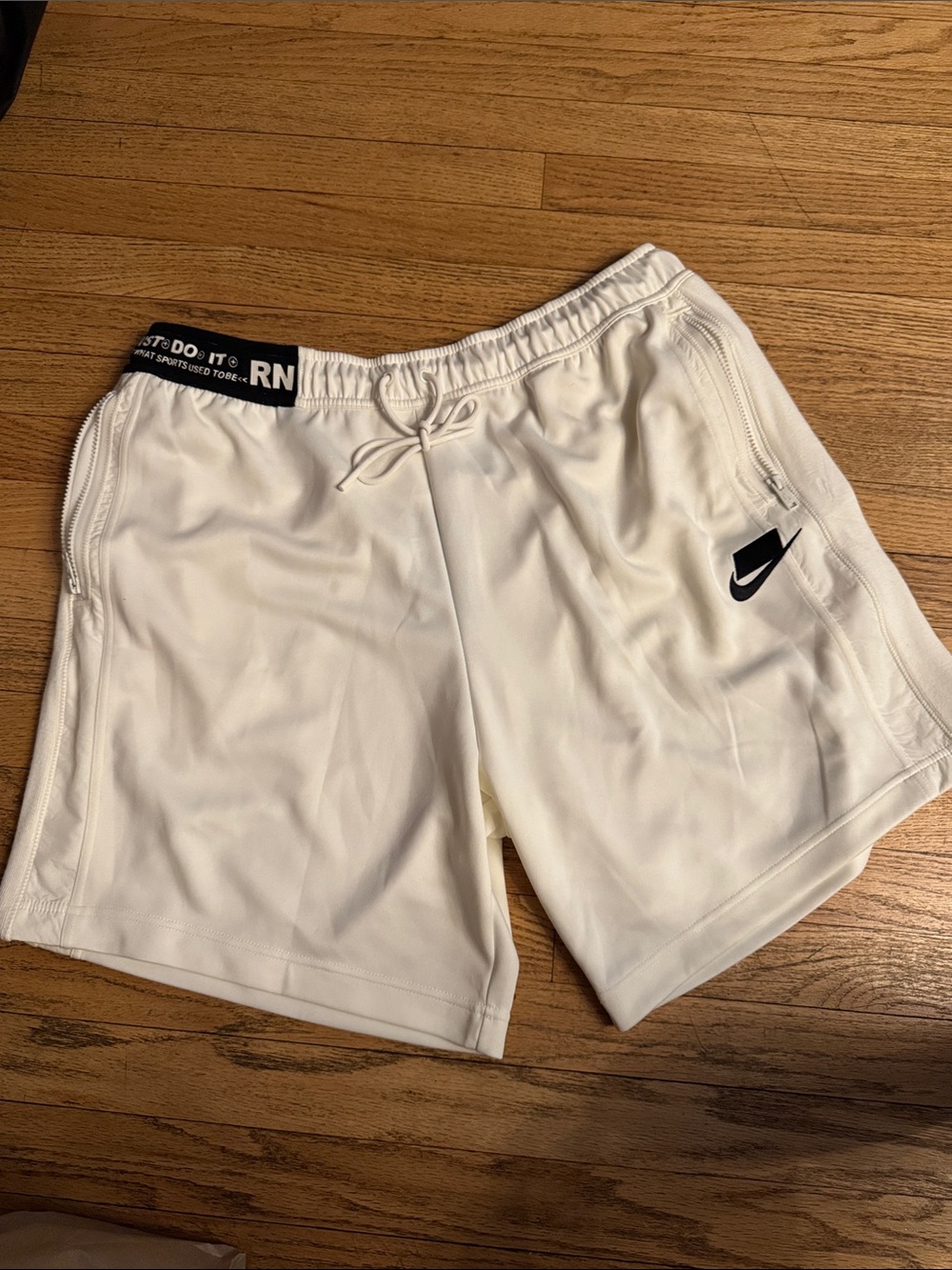 Nike White Athletic Dri-FIT Training Shorts with Black Swoosh